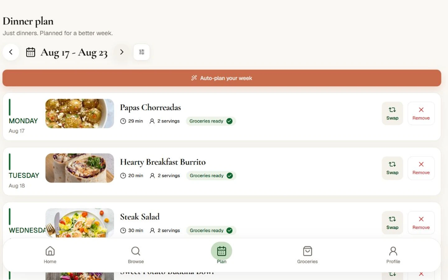 Menú semanal organizado por día con opciones para cambiar cada cena