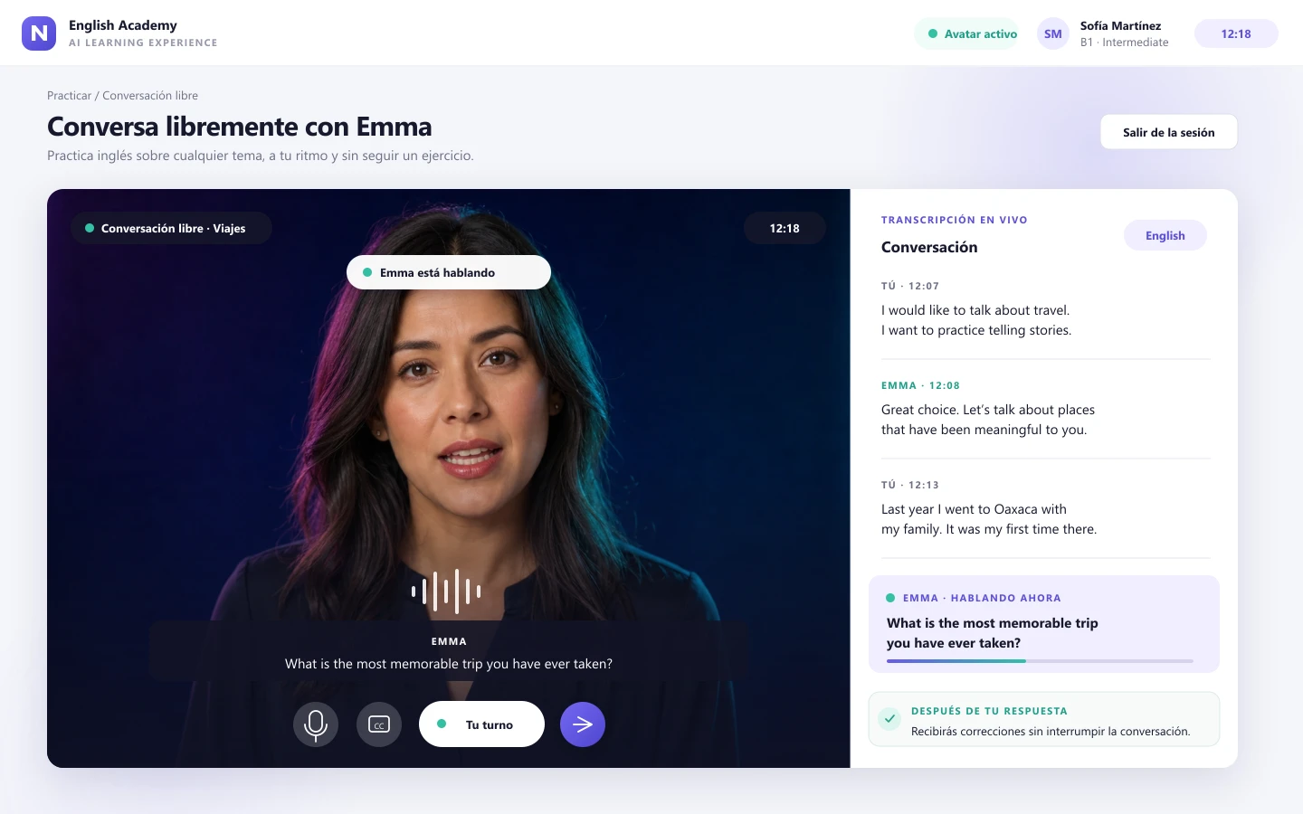 Conversación libre de inglés con un avatar fotorrealista y transcripción sincronizada