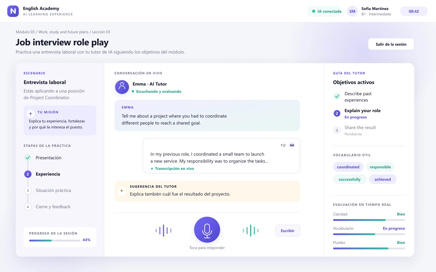 Práctica guiada de entrevista laboral con tutor de inteligencia artificial