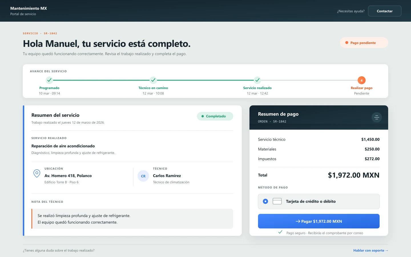 Portal para que el cliente consulte el servicio completado y realice el pago